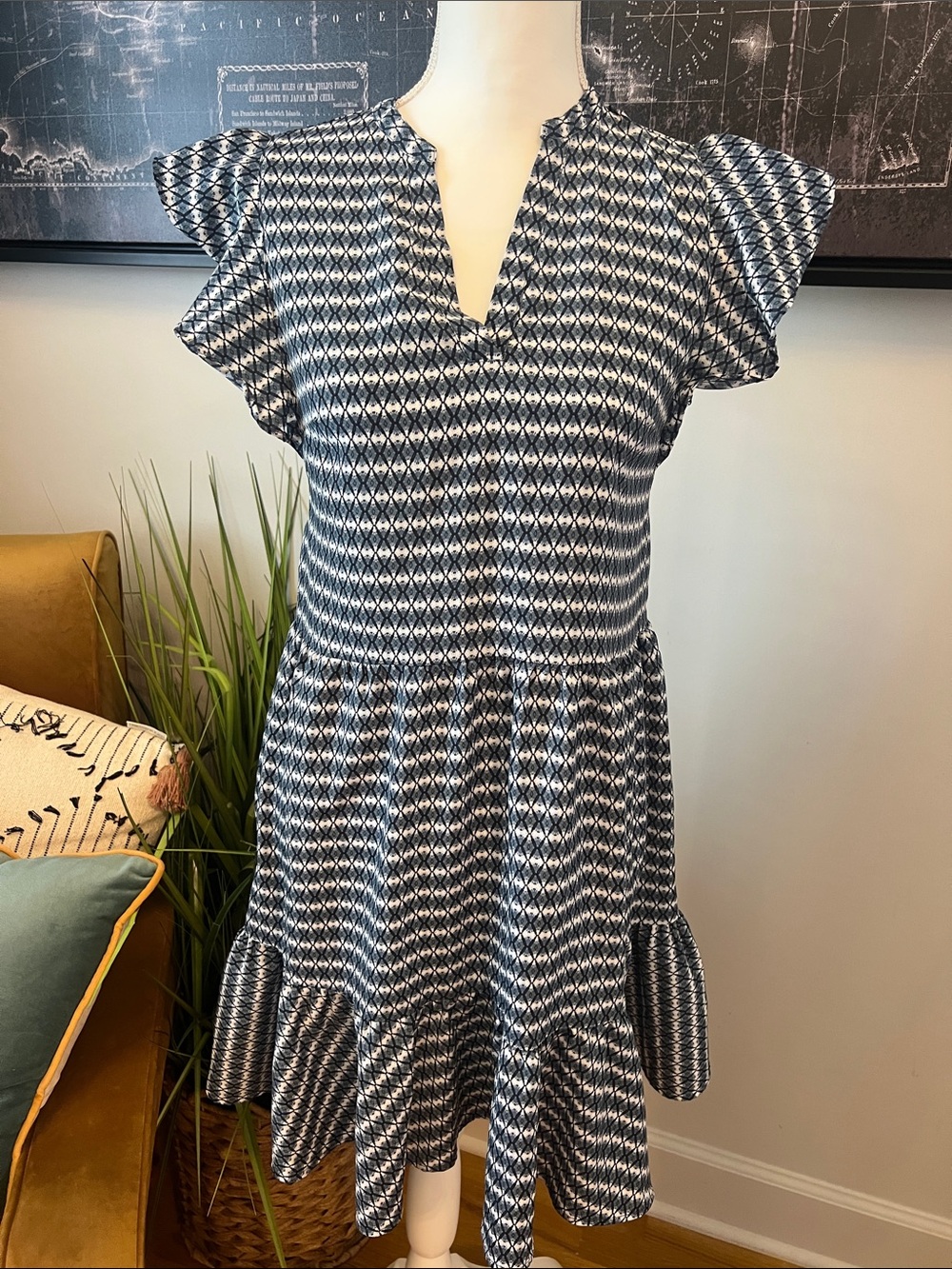 Blue & White Geometric Ruffle Hem Dress